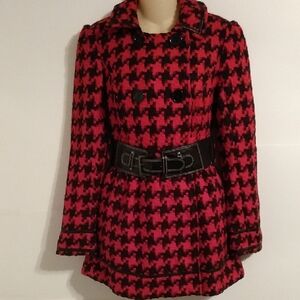 Black Red Houndstooth Fitted Trench Pea Coat Vtg Y2k